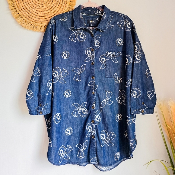 Anthropologie, Maeve Oversized Denim Embroidered Button Front Shirt SZ Large - Picture 11 of 12